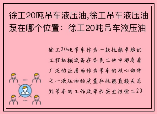 徐工20吨吊车液压油,徐工吊车液压油泵在哪个位置：徐工20吨吊车液压油：高效动力保障