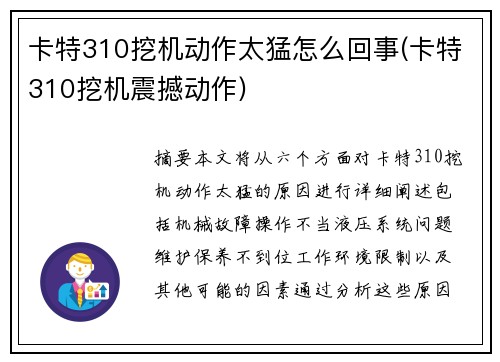 卡特310挖机动作太猛怎么回事(卡特310挖机震撼动作)
