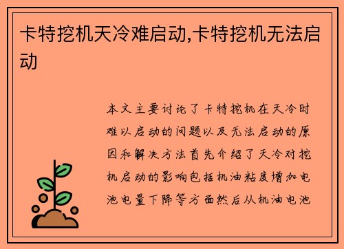 卡特挖机天冷难启动,卡特挖机无法启动