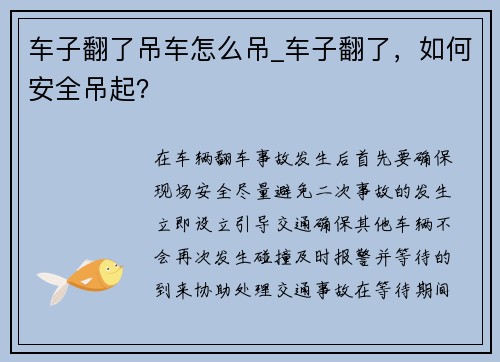 车子翻了吊车怎么吊_车子翻了，如何安全吊起？
